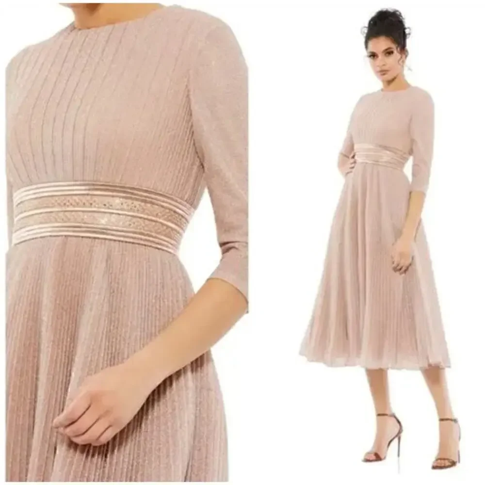 Mac Duggal 30750 Dress Shimmering 3/4 Sleeve Pleated A-Line Midi Rose Gold NWT 0